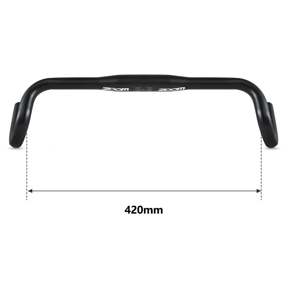 Black aluminium alloy bent handlebar for road bike with 420mm width and 31.8mm clamp diameter