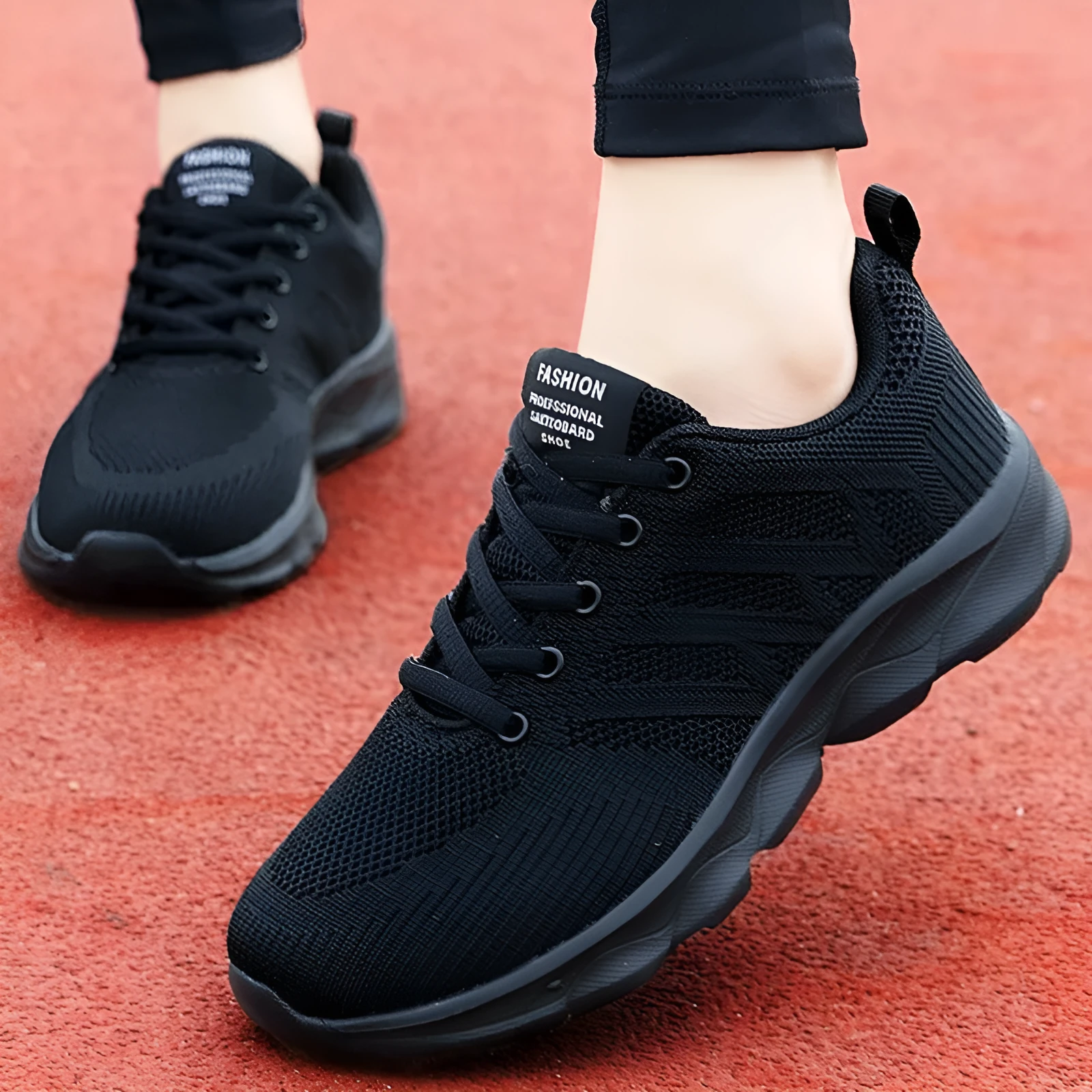 Women's white mesh leisure shoes with lace-up closure and low heel on neutral background