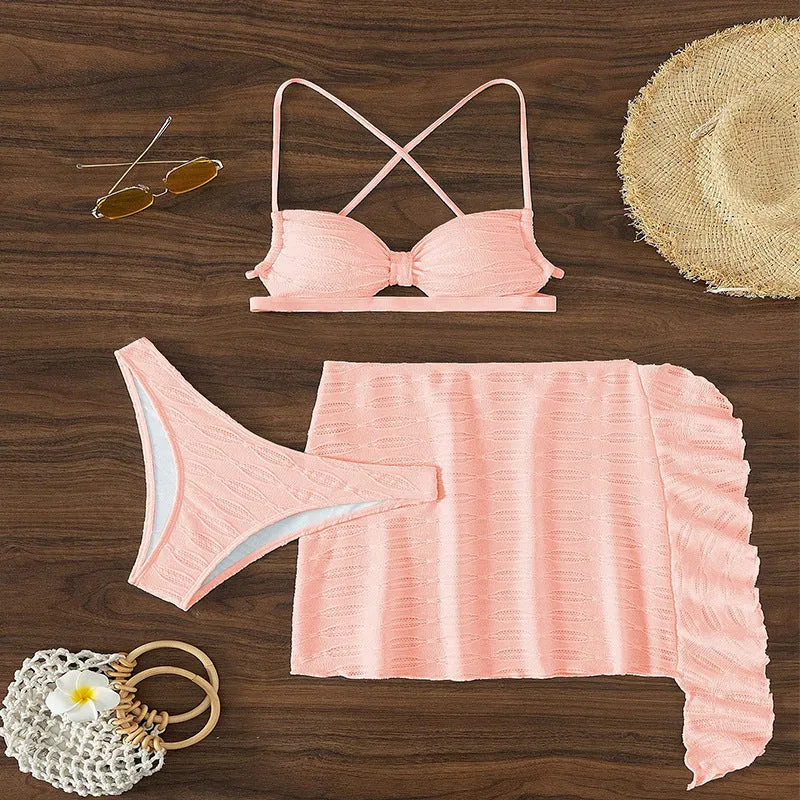 Women's lace-up bikini three-piece swimsuit set with skirt in light pink or rose red colours