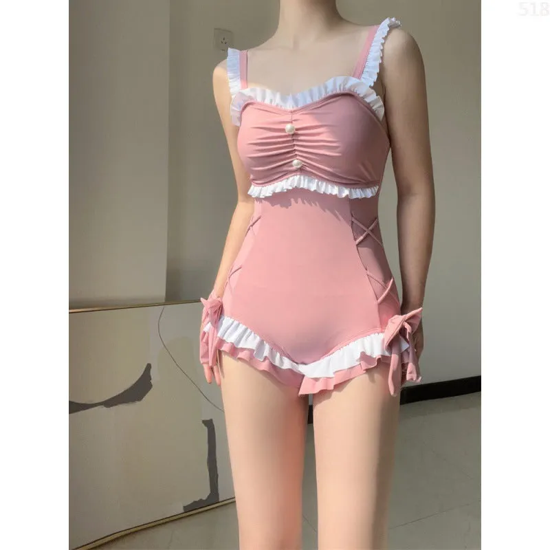 Women's milk silk one-piece swimsuit in solid pink or blue colour