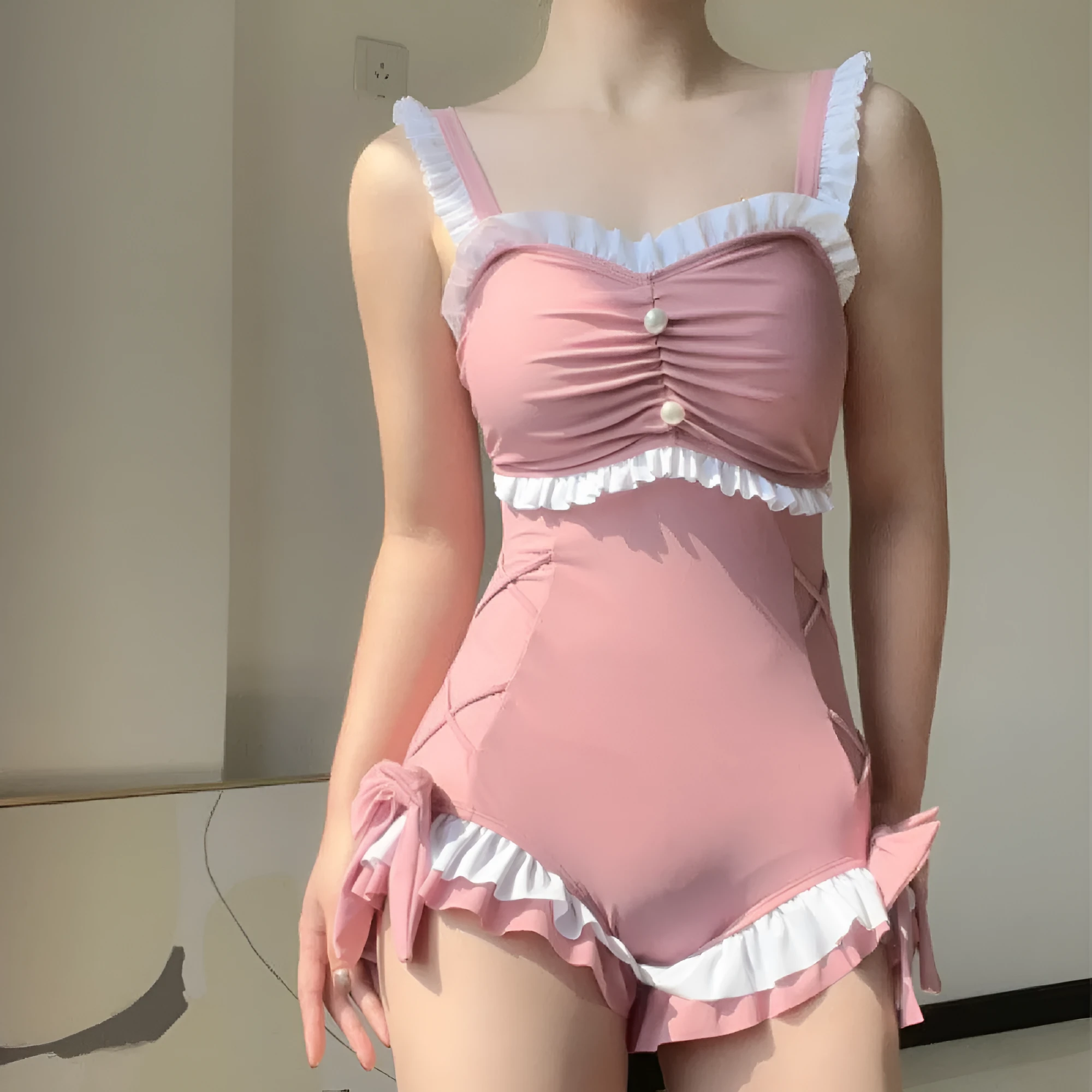 Women's milk silk one-piece swimsuit in solid pink or blue colour