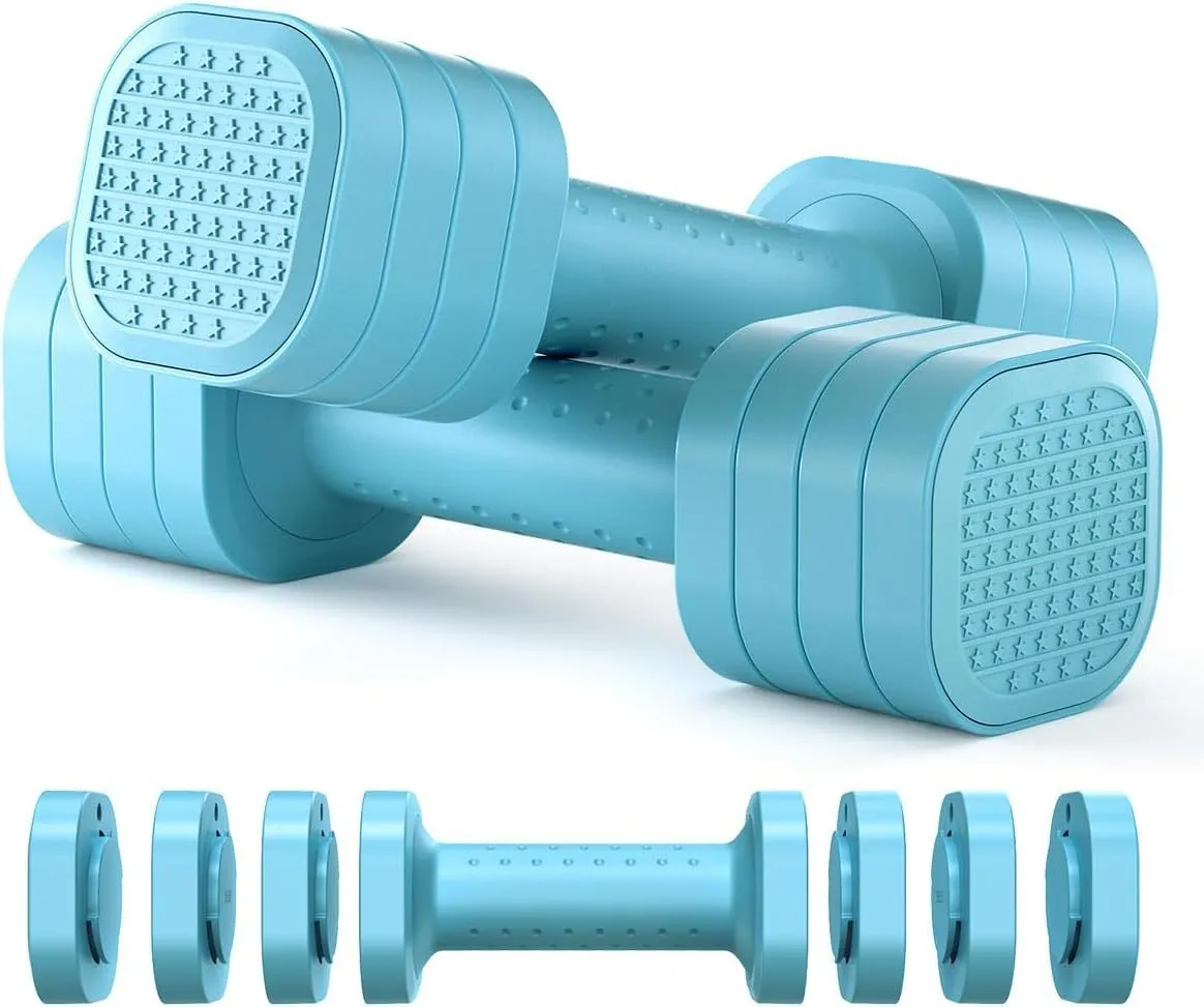 Detachable pink and blue 5lb ABS plastic dumbbells for women's fitness.