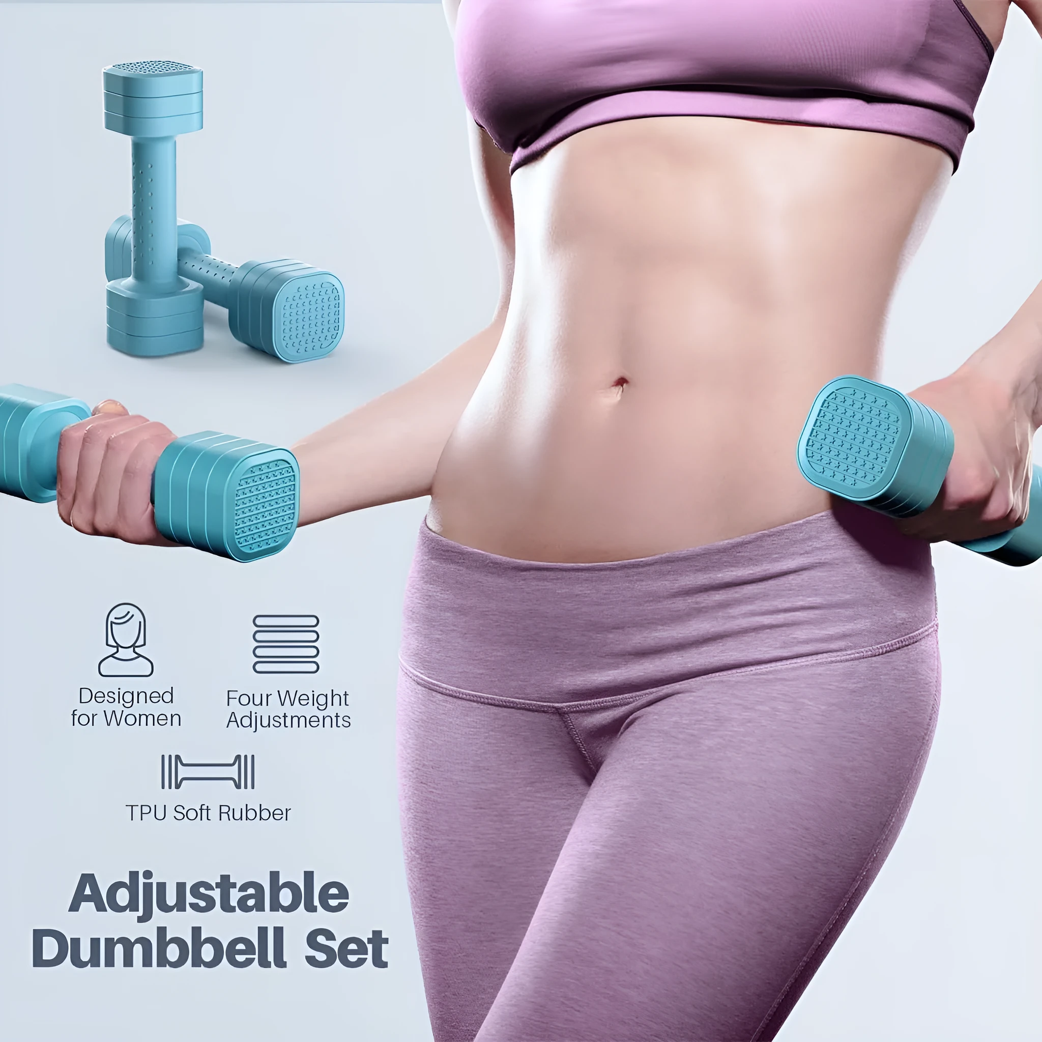 Detachable pink and blue 5lb ABS plastic dumbbells for women's fitness.
