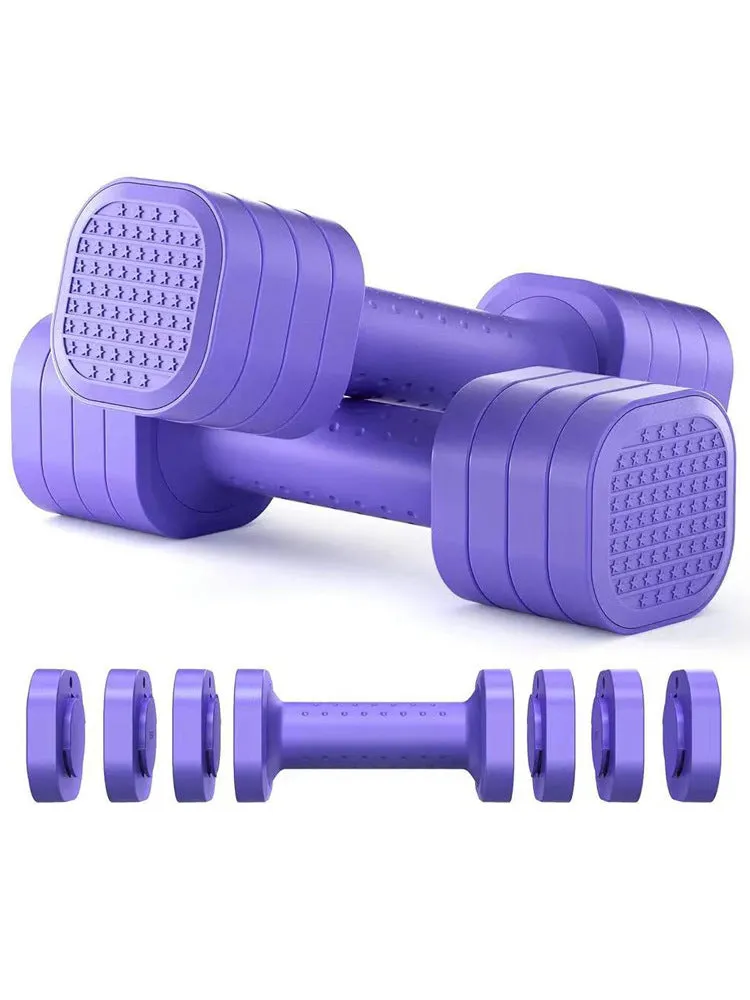 Detachable pink and blue 5lb ABS plastic dumbbells for women's fitness.