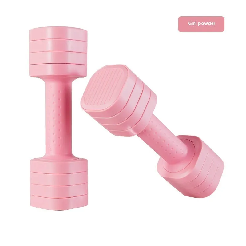 Detachable pink and blue 5lb ABS plastic dumbbells for women's fitness.