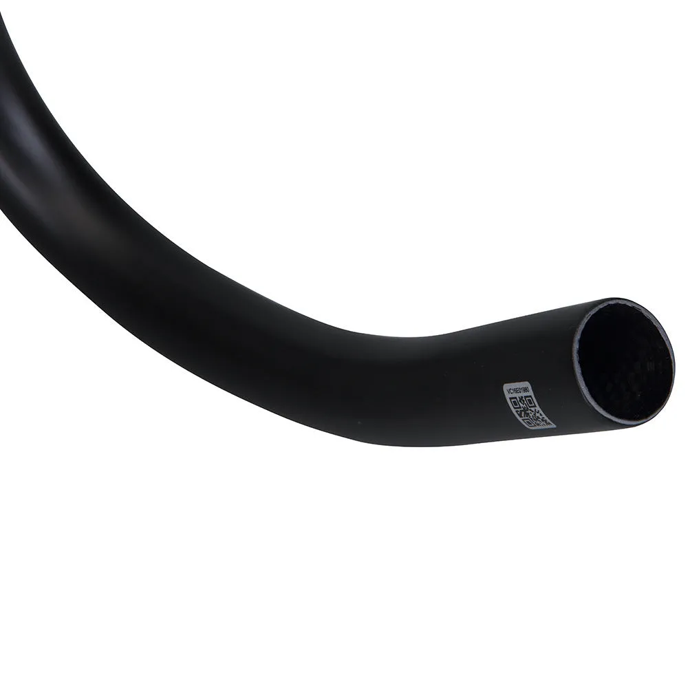 Black carbon fibre road bike handlebars showing large outer swing angle design