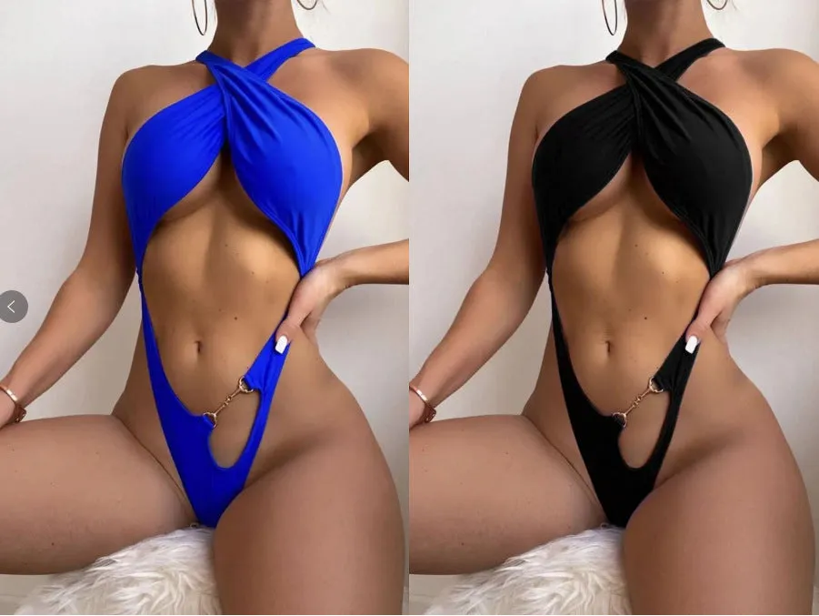 Solid blue or black women's one-piece swimsuit bikini on a mannequin.