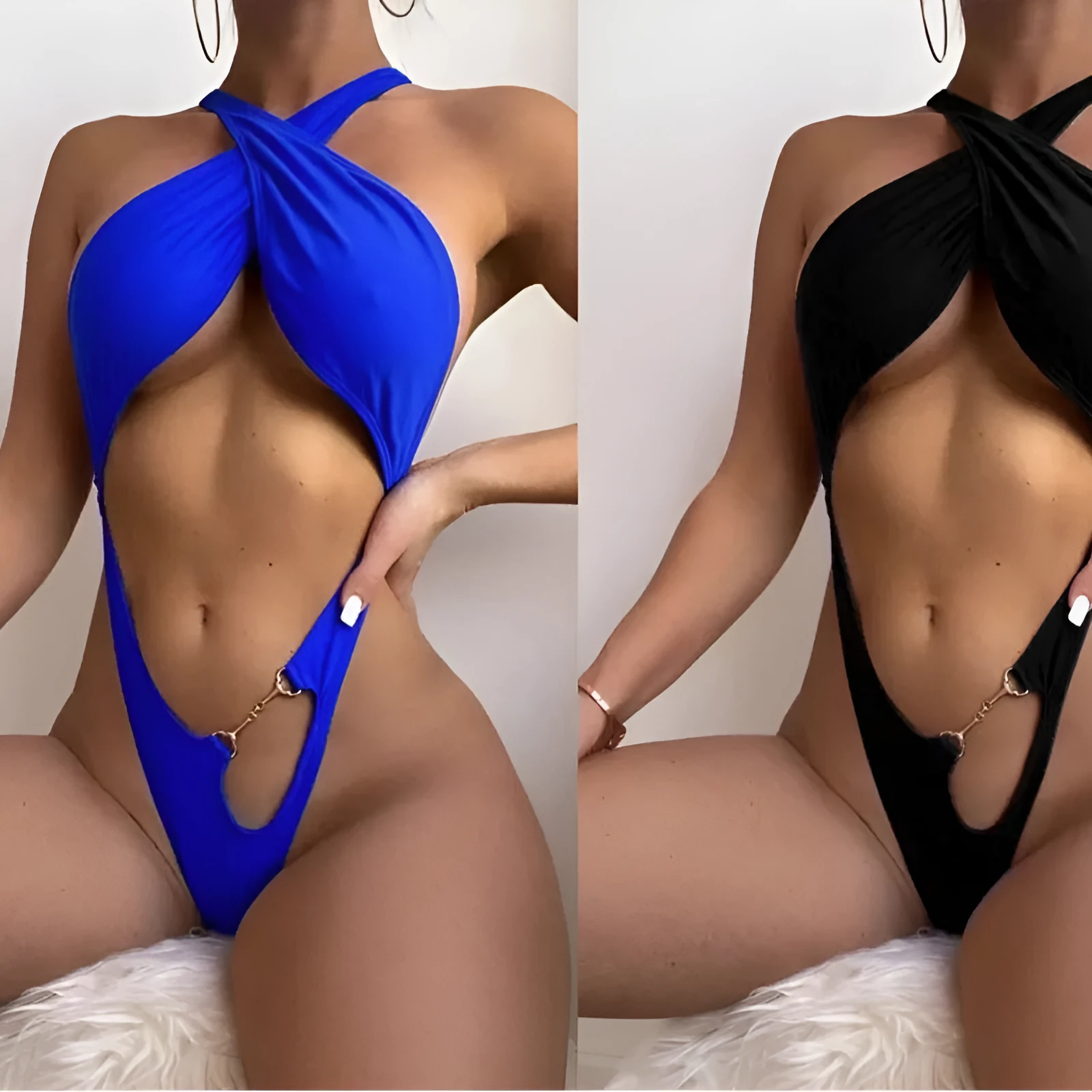 Solid blue or black women's one-piece swimsuit bikini on a mannequin.