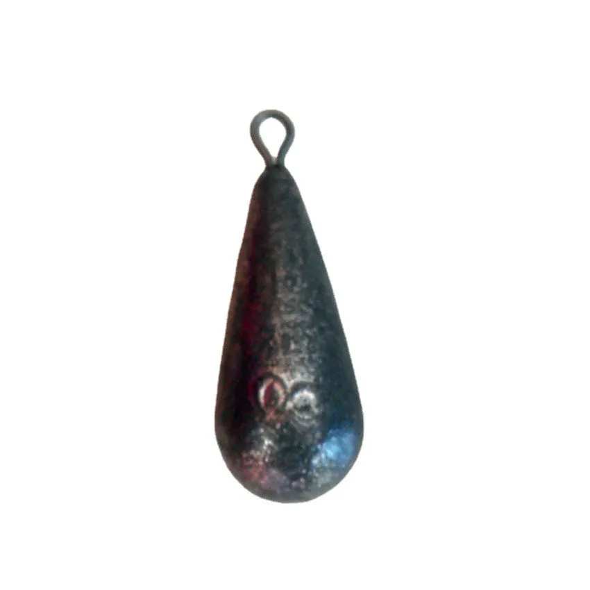 Set of drop-shaped lead fishing sinkers and a Tongxin sinker in various weights from 20g to 50g.
