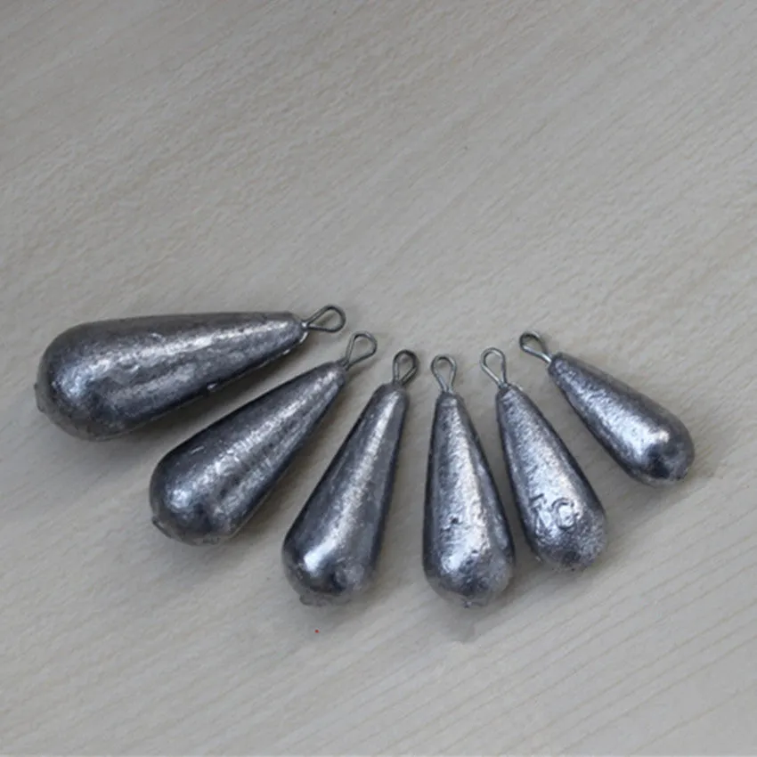 Set of drop-shaped lead fishing sinkers and a Tongxin sinker in various weights from 20g to 50g.