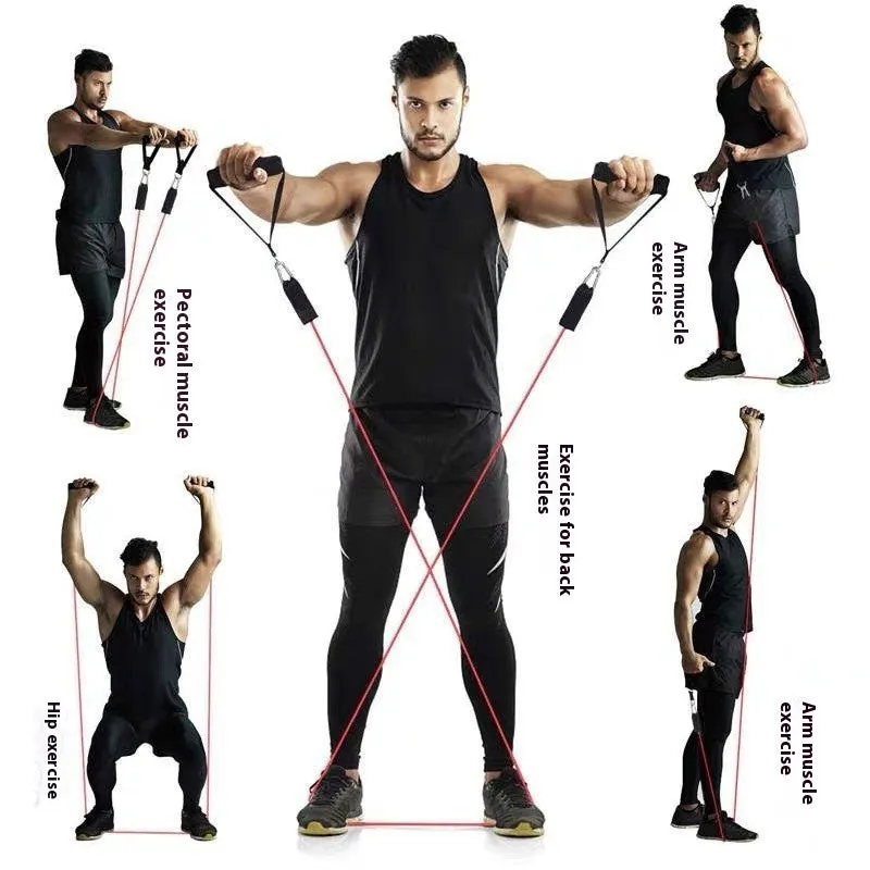 11-piece door-mounted fitness set with a combination pulling rope, showing ABS plastic components and hook options.