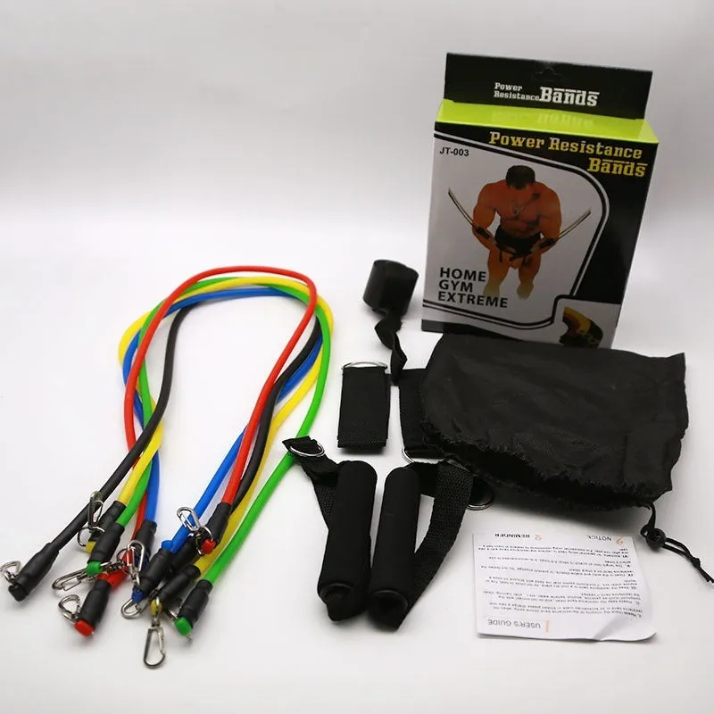11-piece door-mounted fitness set with a combination pulling rope, showing ABS plastic components and hook options.