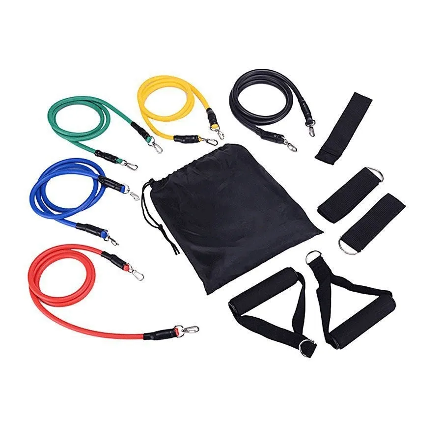 11-piece door-mounted fitness set with a combination pulling rope, showing ABS plastic components and hook options.