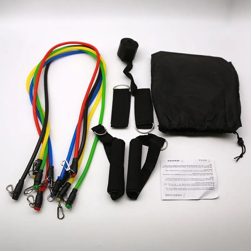 11-piece door-mounted fitness set with a combination pulling rope, showing ABS plastic components and hook options.