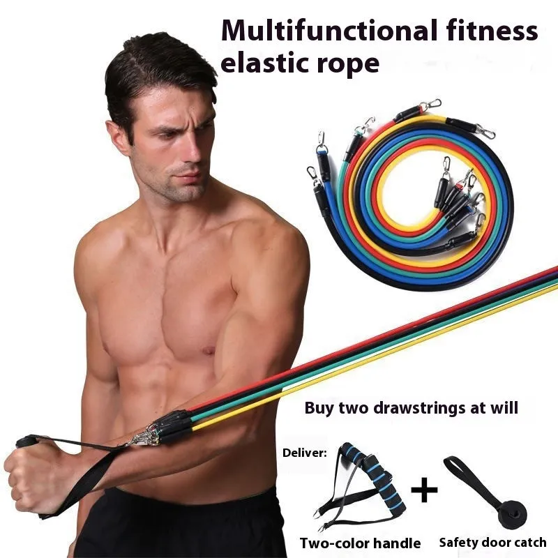 11-piece door-mounted fitness set with a combination pulling rope, showing ABS plastic components and hook options.