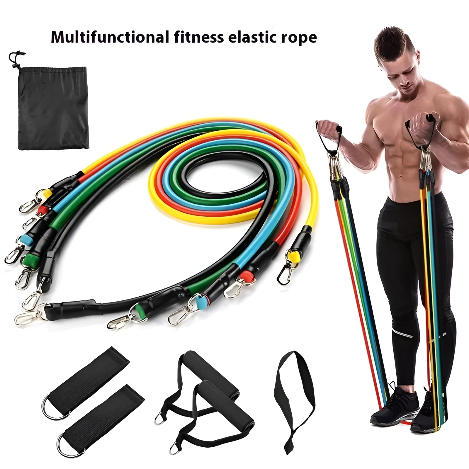 11-piece door-mounted fitness set with a combination pulling rope, showing ABS plastic components and hook options.