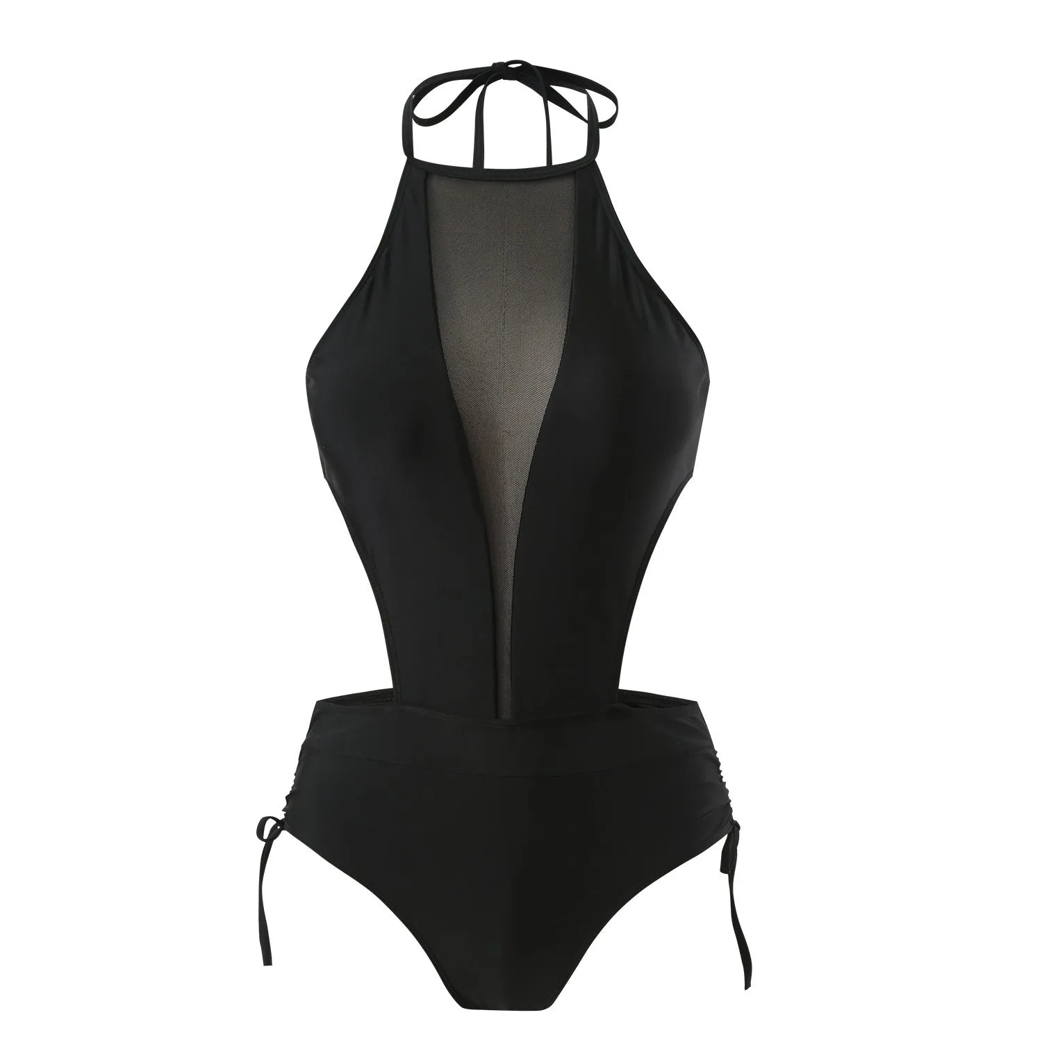 Black one-piece swimsuit with nude back design and hollow-out detailing on female model