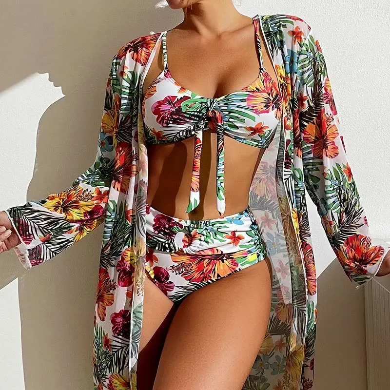 Women's plus size long blouse split bikini swimsuit in polyester leisure style