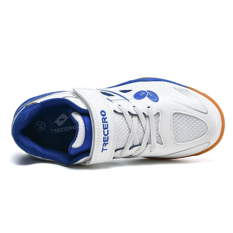 White and blue lightweight badminton shoes with a low-top PVC upper and ribbed sole.