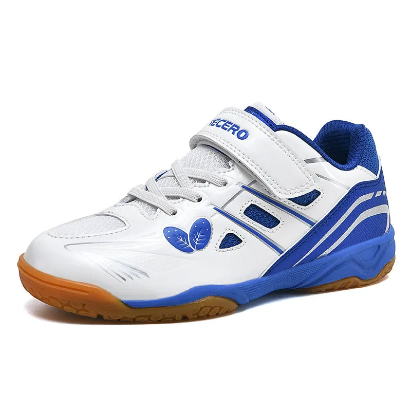 White and blue lightweight badminton shoes with a low-top PVC upper and ribbed sole.
