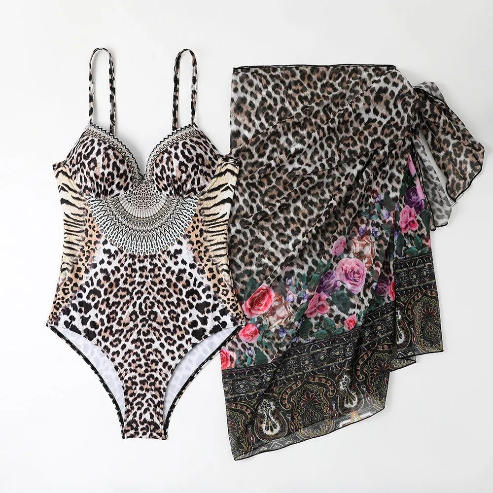 Women's leopard print one-piece swimsuit with matching mesh long dress and pants