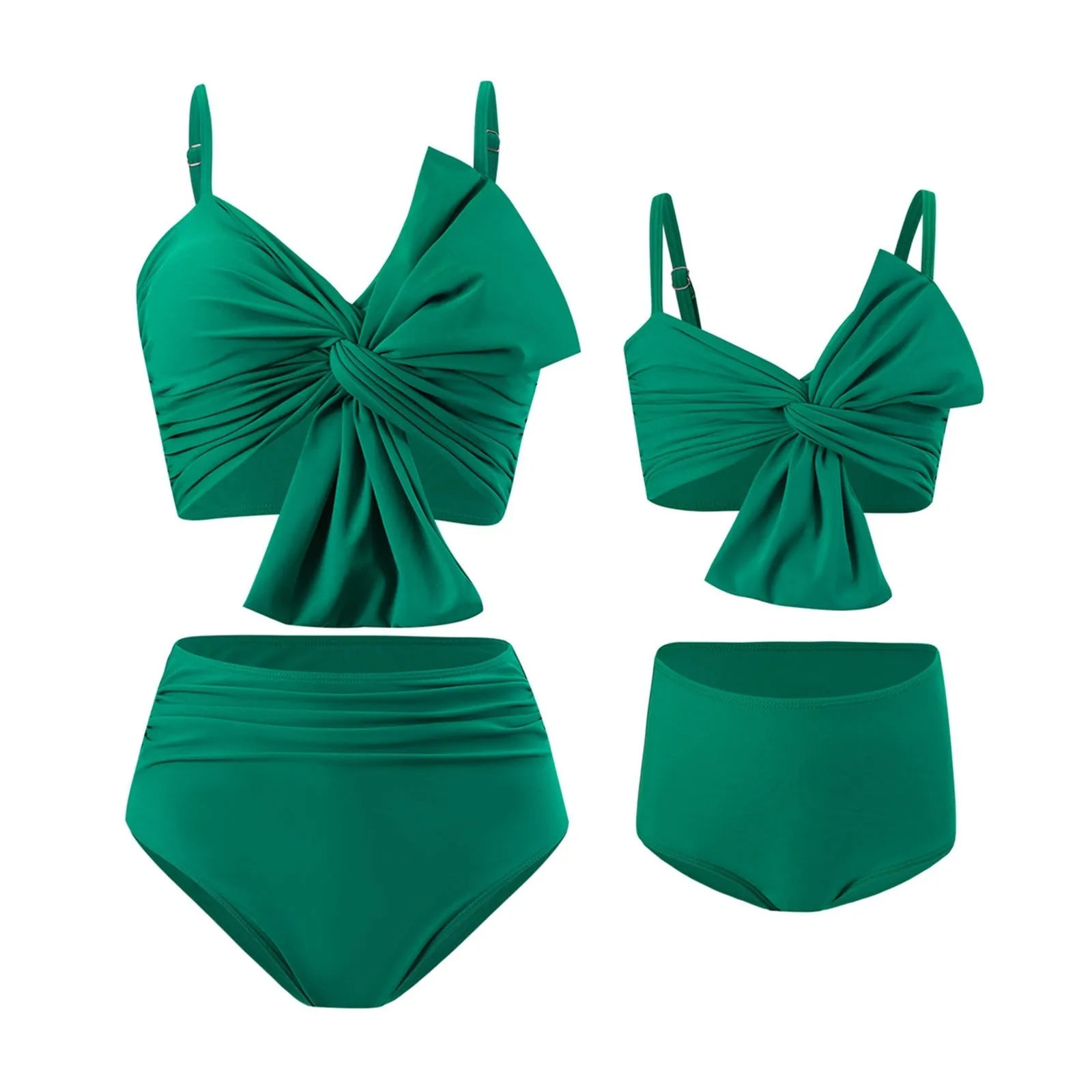 Women's orange nylon bikini set with large white bow print, showing top and swim trunks.