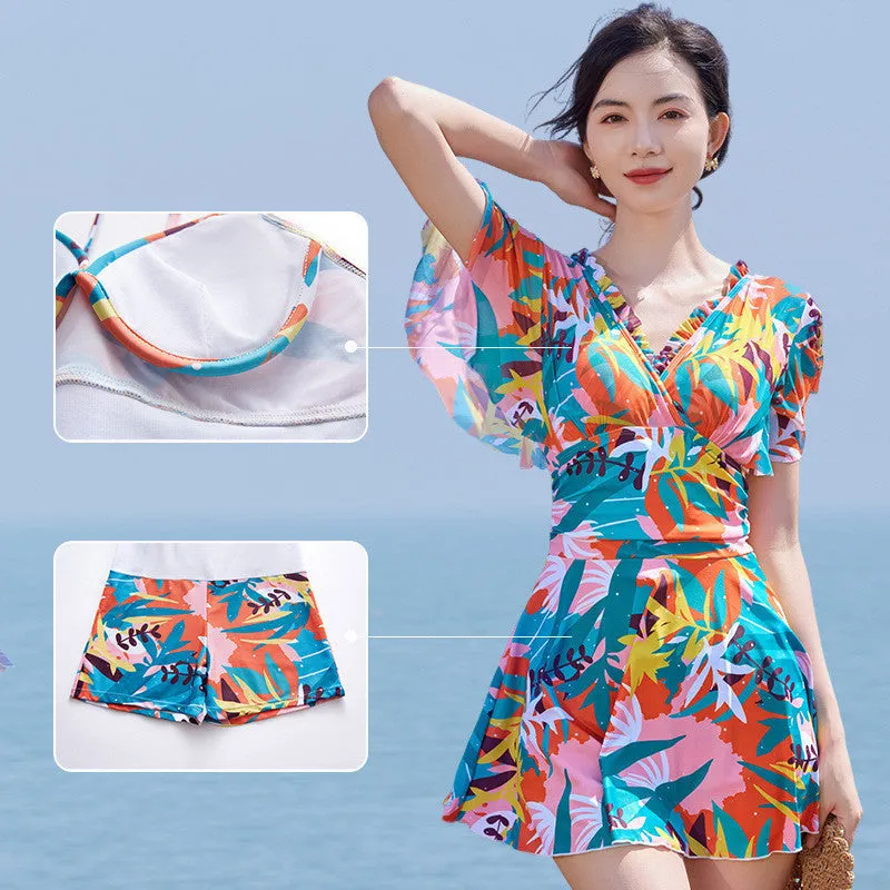 Colourful printed one-piece swimsuit for women available in sizes M to 3XL with belly coverage