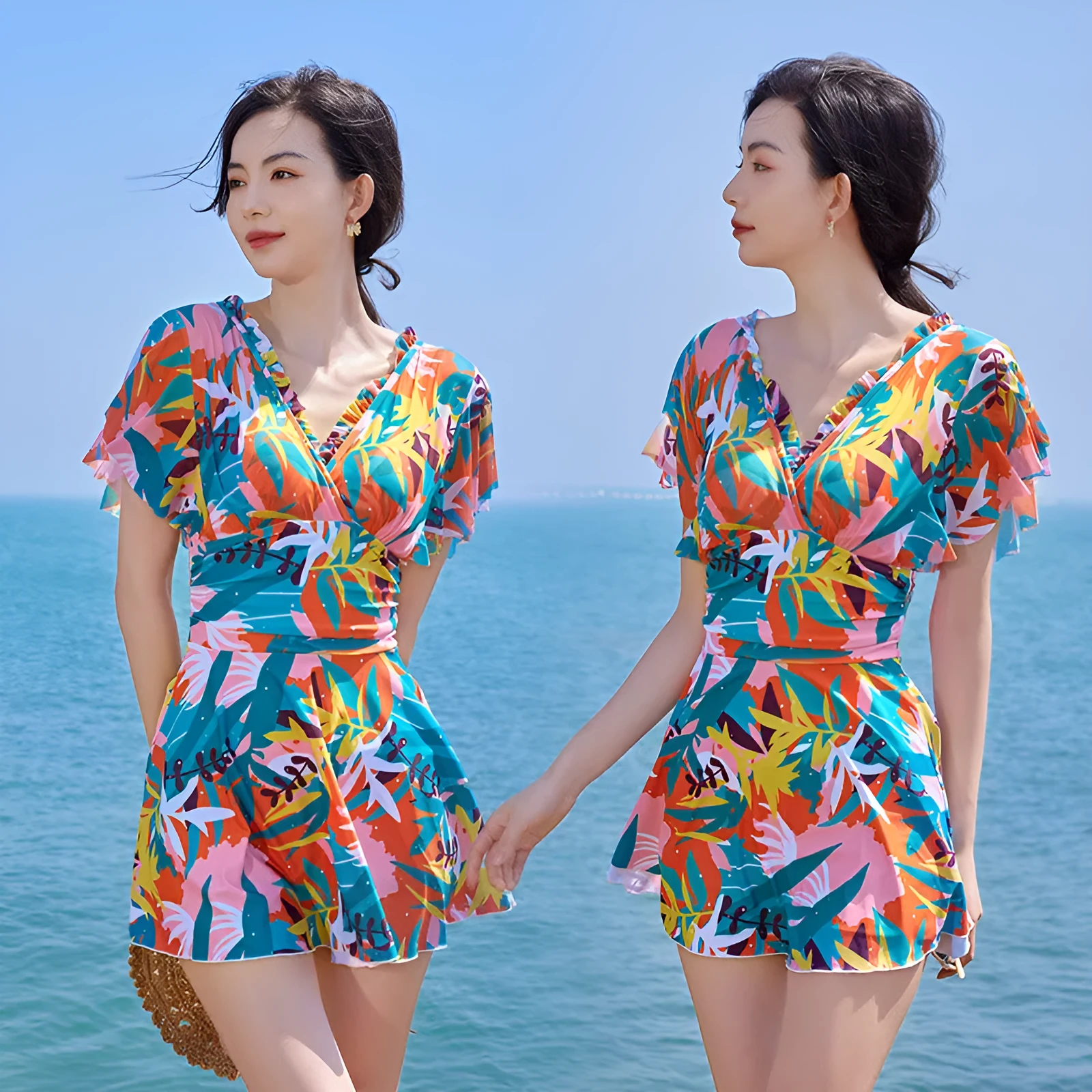Colourful printed one-piece swimsuit for women available in sizes M to 3XL with belly coverage