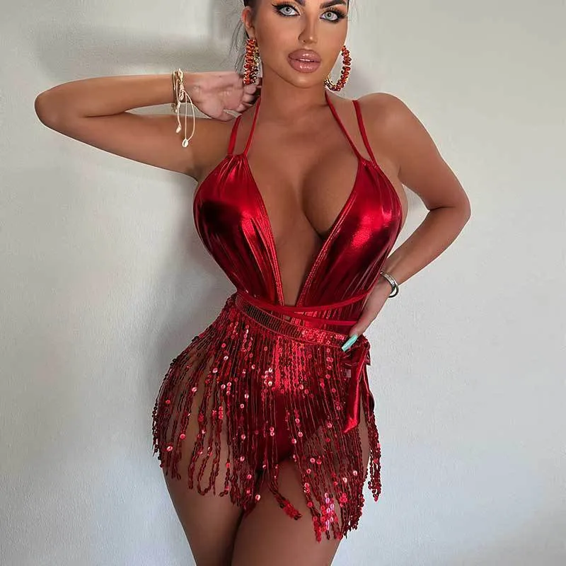 Backless one-piece swimsuit for women in gold, black, red, or white colours.