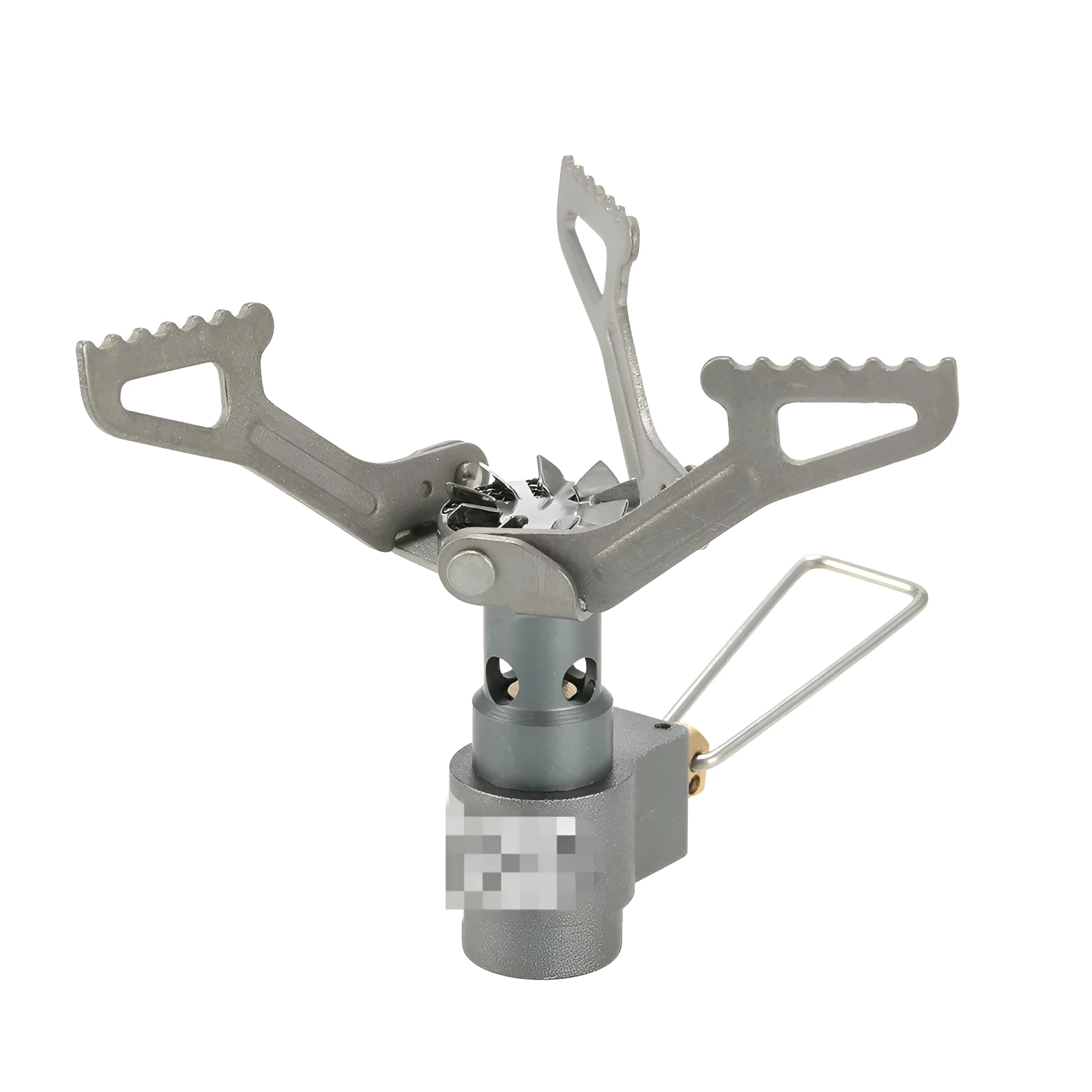 Compact one-piece propane camping stove on rocky ground, fuel canister attached, with a pot boiling.