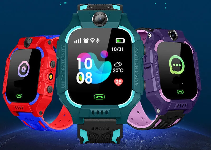 Green children's smart watch with touch screen and GPS on a wrist.