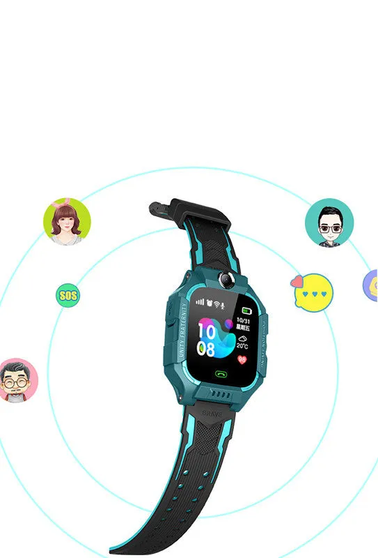Green children's smart watch with touch screen and GPS on a wrist.