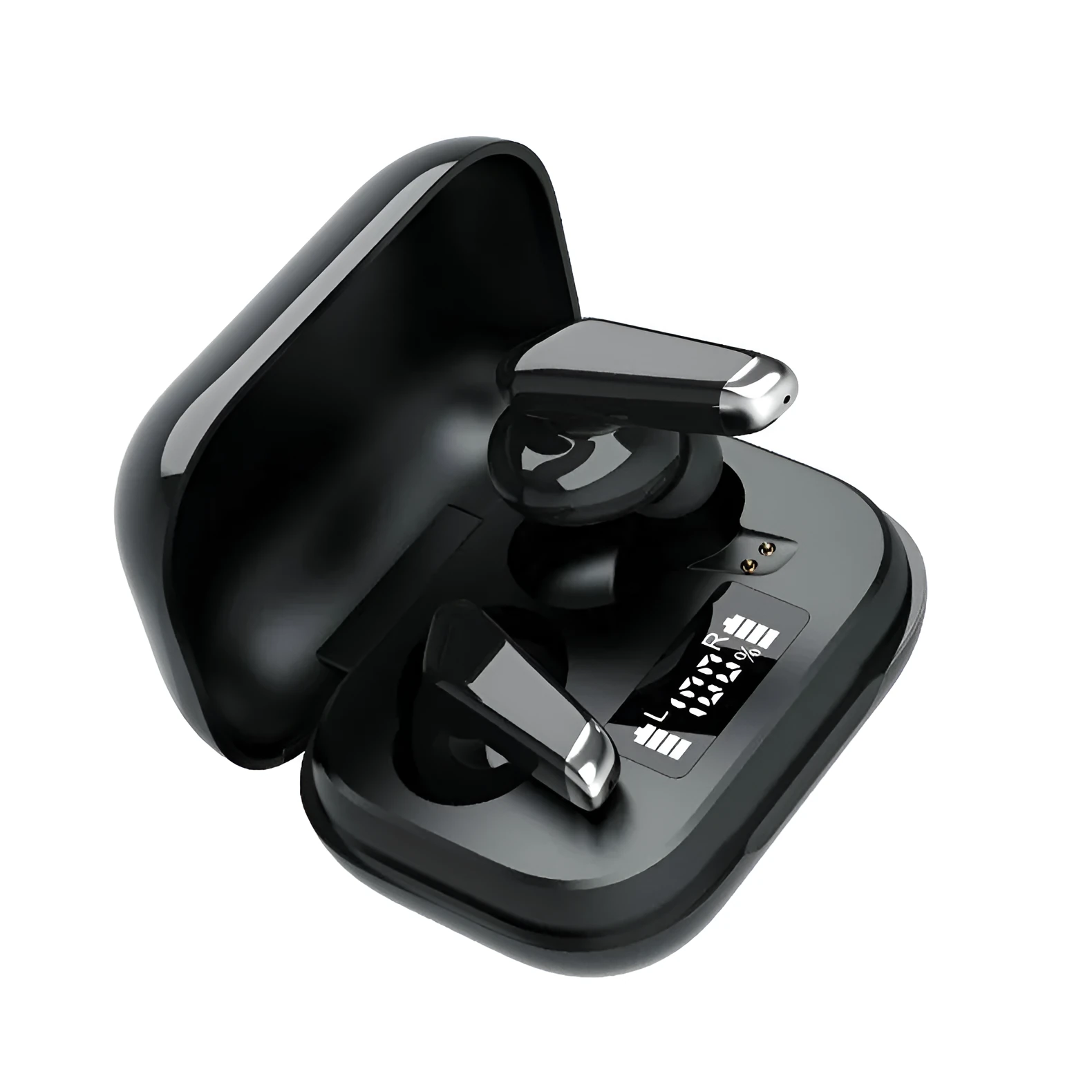 Black Bluetooth earphones with digital display charging case and touch controls