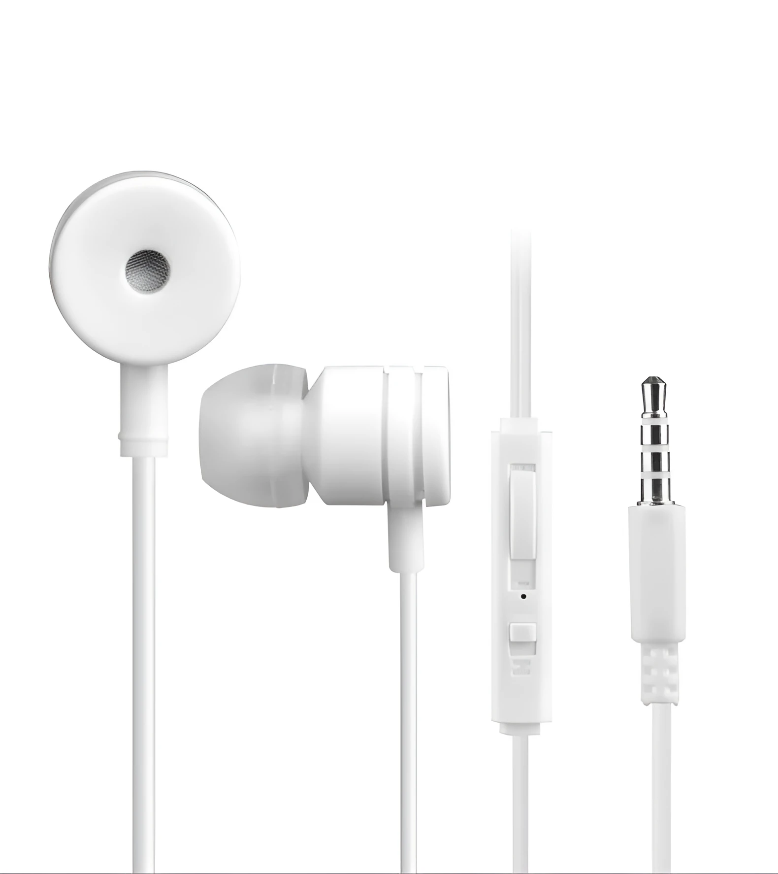 White plug-in stereo headset with 3.5mm wired connection and plastic earbuds