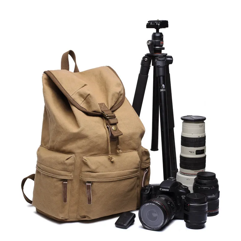 Canvas camera bag in Gray with rain cover, shoulder strap, and soft handle for SLR photography