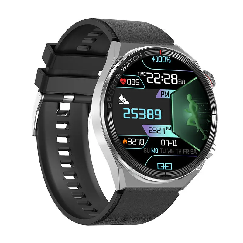 Women's smart watch with 1.5 inch IPS screen, heart rate sensor, and black leather strap on a wrist