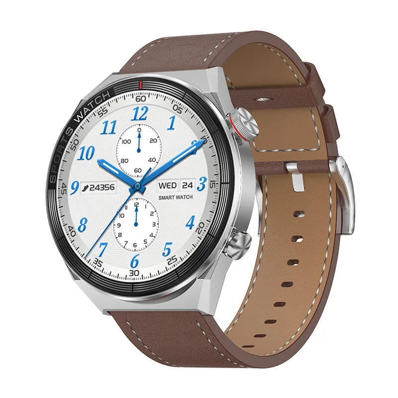 Women's smart watch with 1.5 inch IPS screen, heart rate sensor, and black leather strap on a wrist