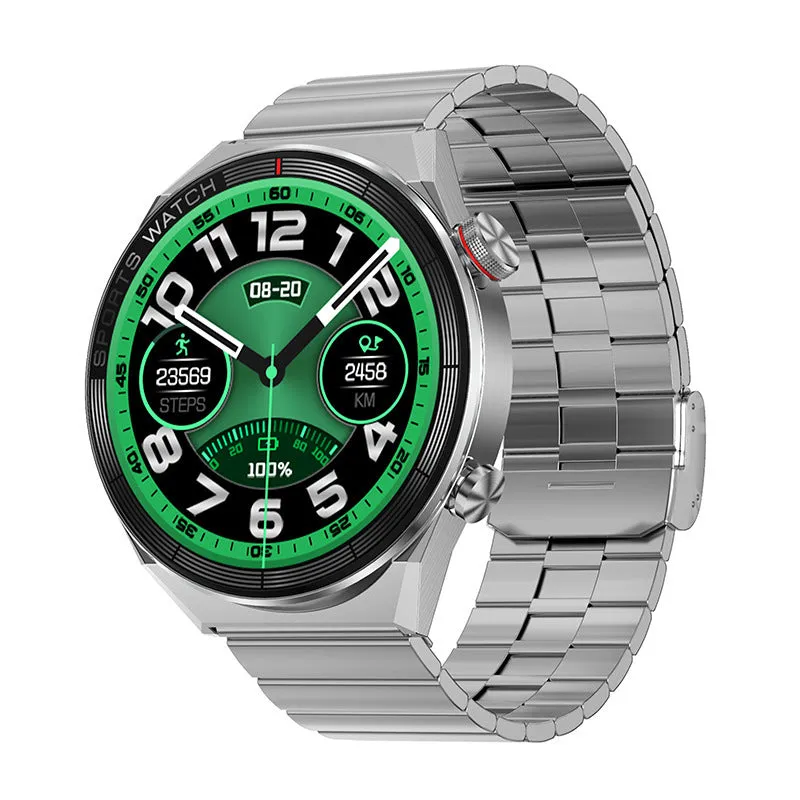 Women's smart watch with 1.5 inch IPS screen, heart rate sensor, and black leather strap on a wrist