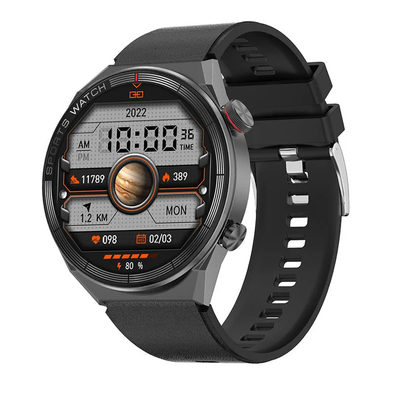 Women's smart watch with 1.5 inch IPS screen, heart rate sensor, and black leather strap on a wrist