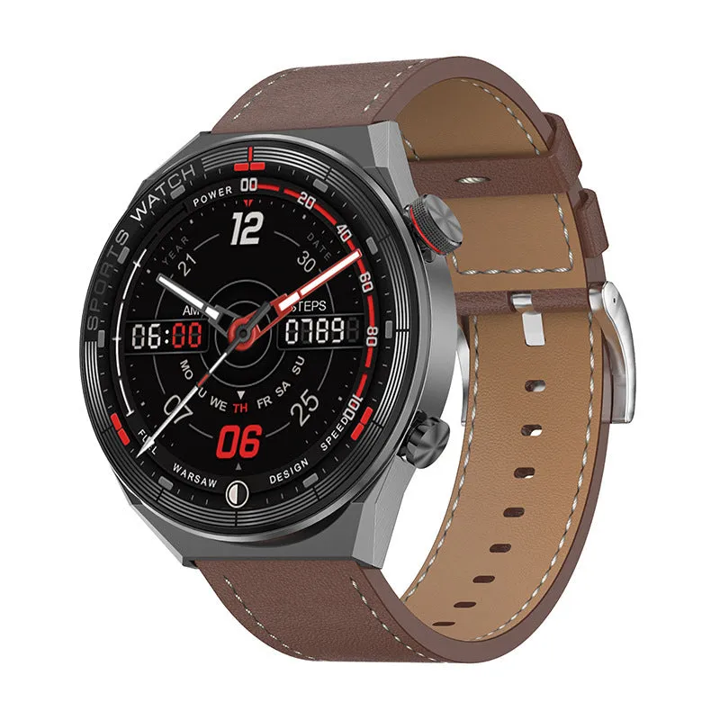 Women's smart watch with 1.5 inch IPS screen, heart rate sensor, and black leather strap on a wrist