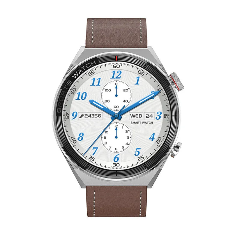 Women's smart watch with 1.5 inch IPS screen, heart rate sensor, and black leather strap on a wrist