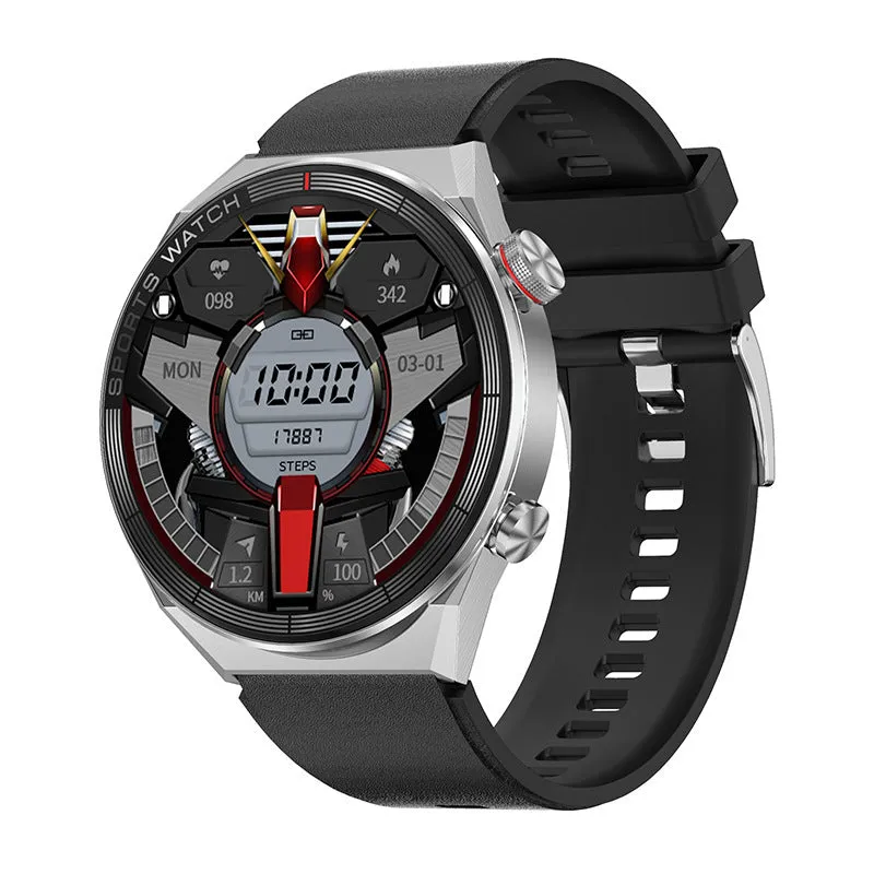 Women's smart watch with 1.5 inch IPS screen, heart rate sensor, and black leather strap on a wrist