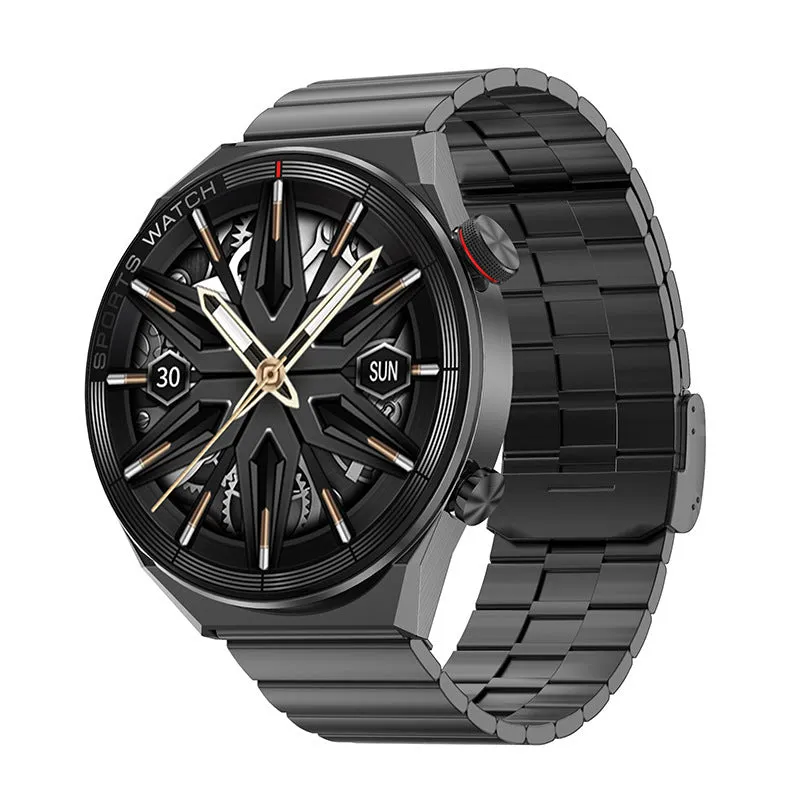 Women's smart watch with 1.5 inch IPS screen, heart rate sensor, and black leather strap on a wrist