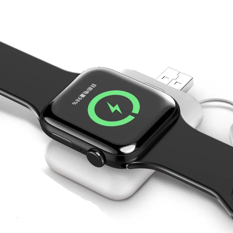 White compact wireless charger power bank for Apple Watch with magnetic pad and Micro USB input