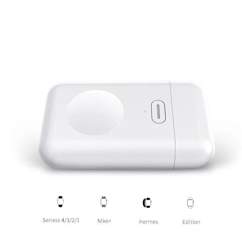 White compact wireless charger power bank for Apple Watch with magnetic pad and Micro USB input