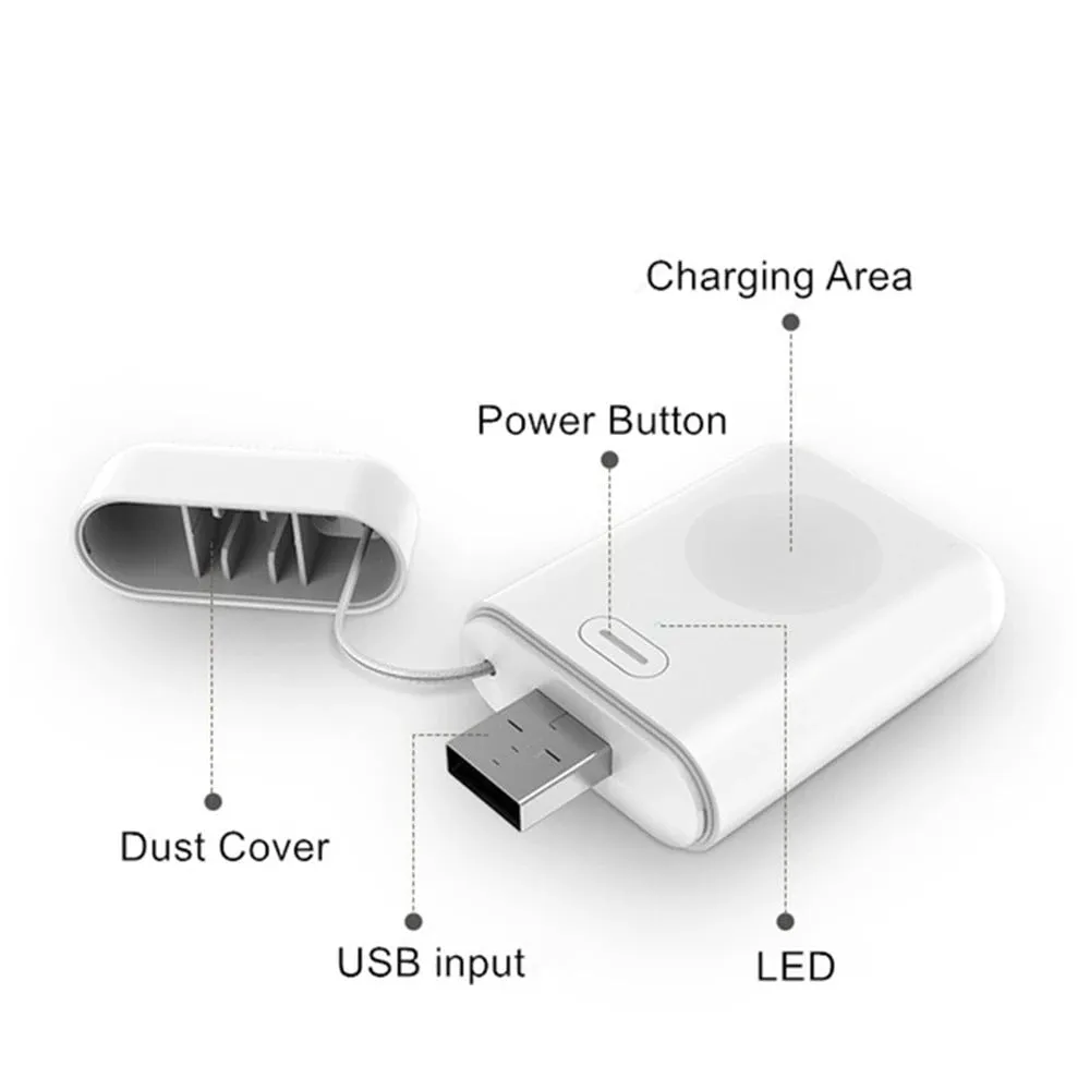 White compact wireless charger power bank for Apple Watch with magnetic pad and Micro USB input