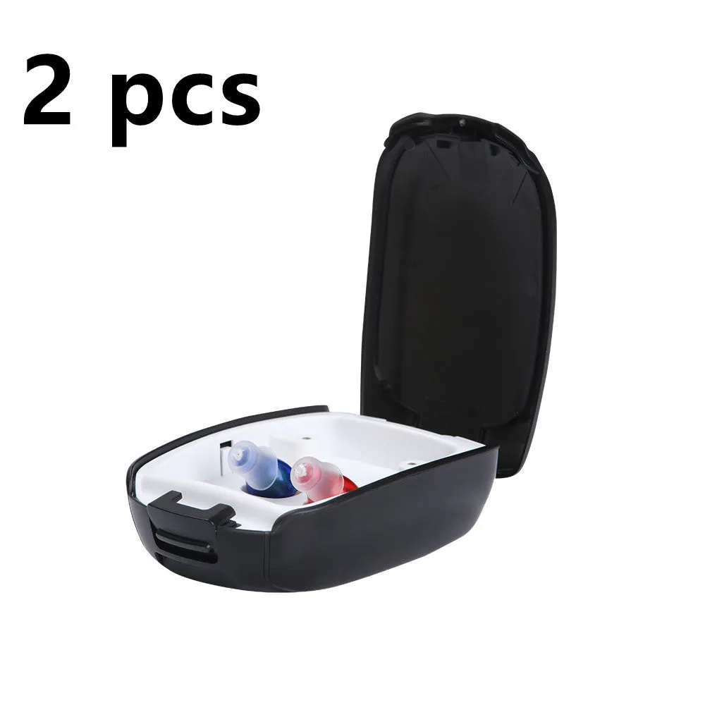 Rechargeable hearing amplifier in beige skin-coloured design with portable charging case and accessories