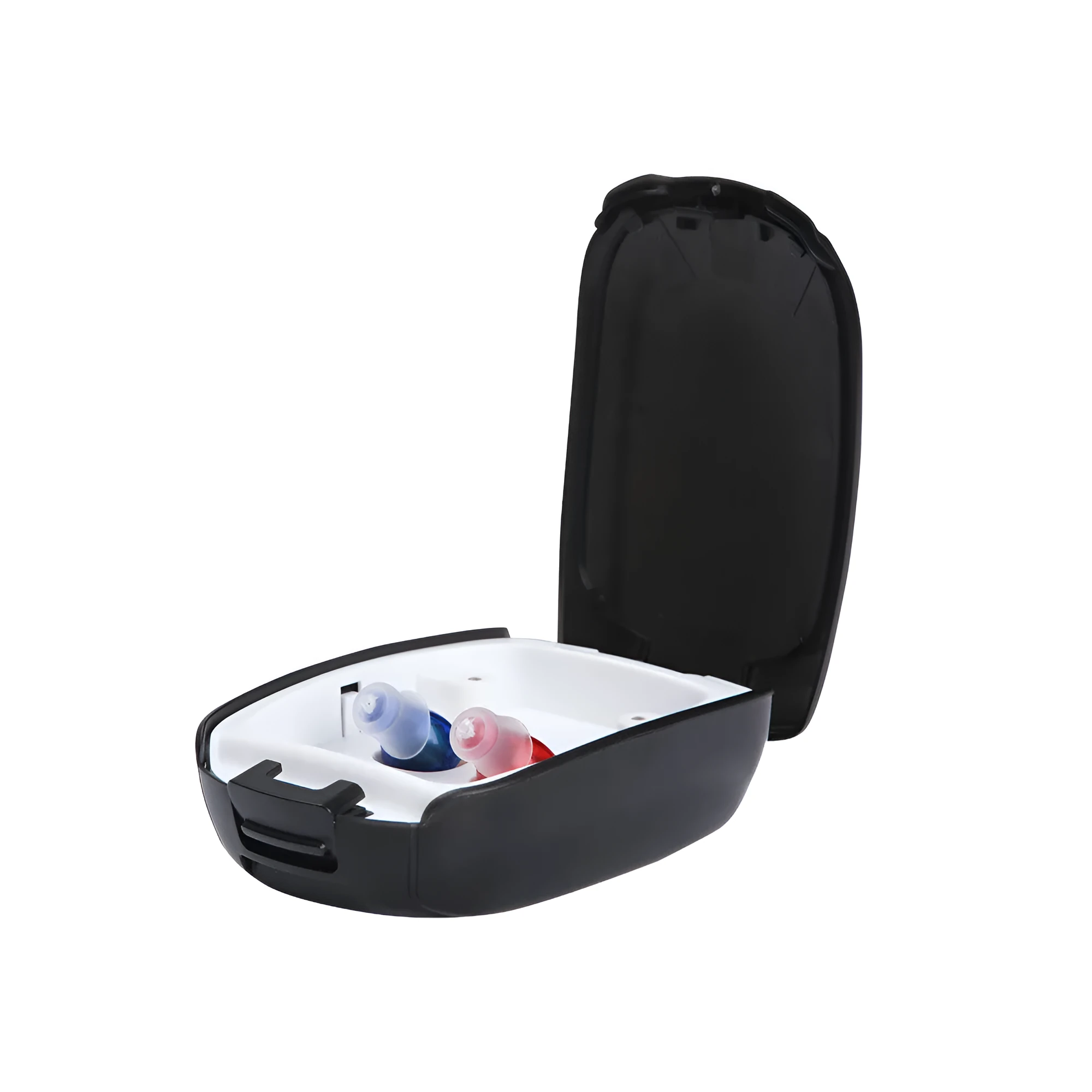 Rechargeable hearing amplifier in beige skin-coloured design with portable charging case and accessories