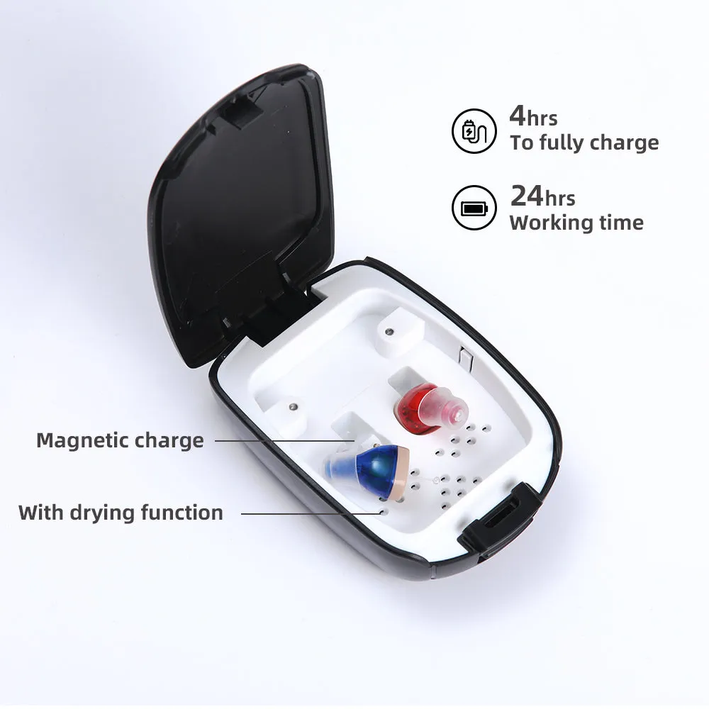 Rechargeable hearing amplifier in beige skin-coloured design with portable charging case and accessories