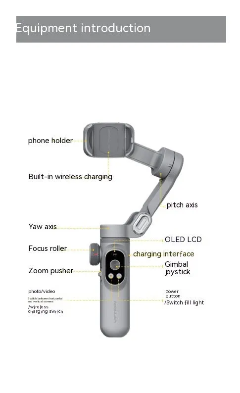 Silver grey smartphone gimbal stabiliser with extended arms and Bluetooth remote on a black background.